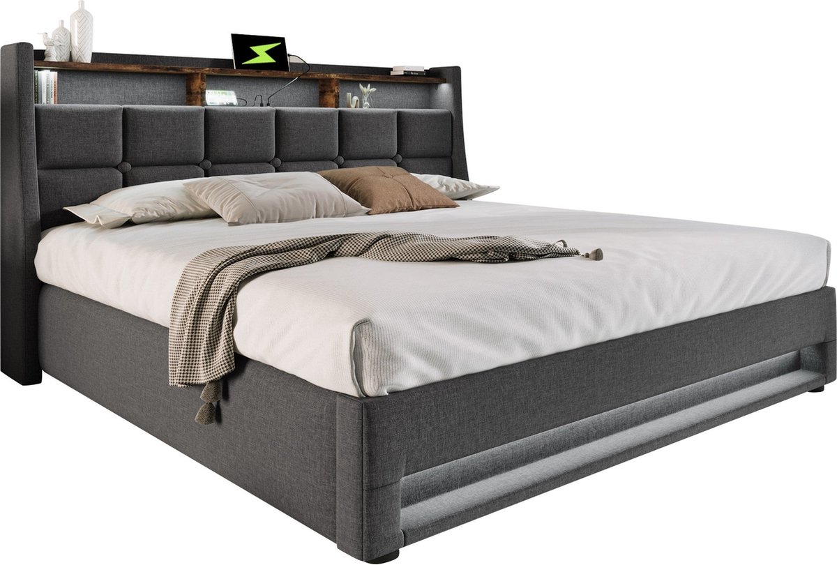 Merax Gestoffeerd Bed met USB Oplaadfunctie - LED Verlichting - 140x200 cm - Grijs - Houten Lattenbodem