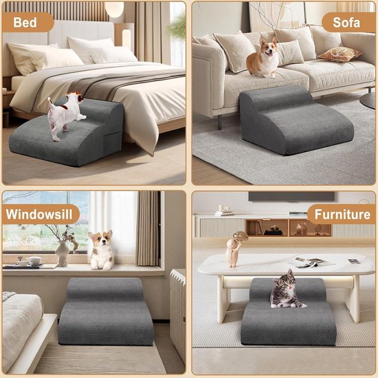 UISEBRT Hondentrappen Trappen voor Huisdieren voor honden, 4-traps Hondentrap met Antislipmat en Steunstang voor Huisdieren tot 75 kg, Grijs