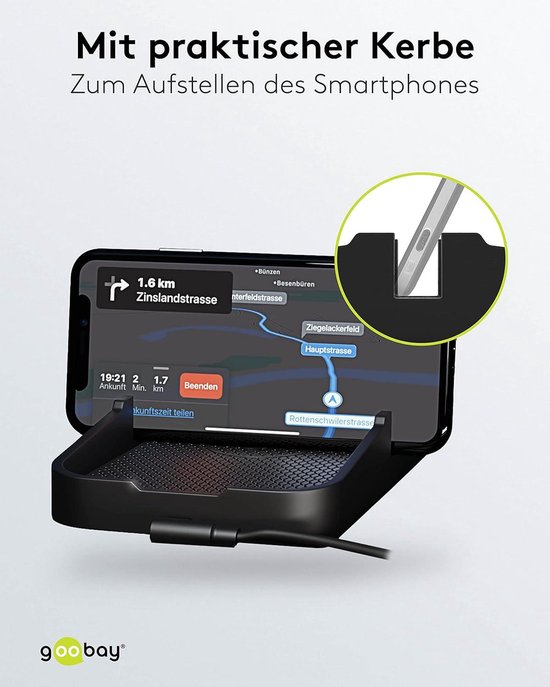Smartphone met navigatie in de GooBay autohouder met sleuf om de telefoon rechtop te zetten. Kaart toont 1,6 km naar Zinslandstrasse.