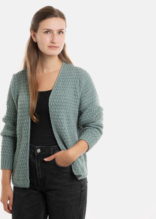 Knit Factory - Cardigan tricoté Becky - Cardigan tricoté pour femme - Cardigan court à hauteur de hanche - Cardigan femme gris-vert en 30% laine et 70% acrylique - Stone Green - 40/42