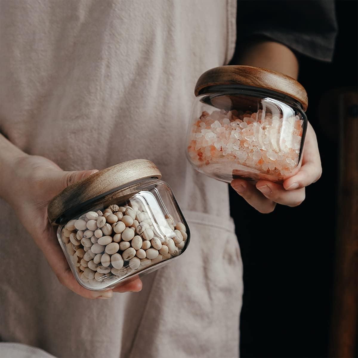 Glazen voedselopslagpot met natuurlijk houten deksel - koffieboon en keukencontainer voor thee droog fruit noten snoep kruiden spaghetti duidelijk afdichtingsmaat 750ML/26oz