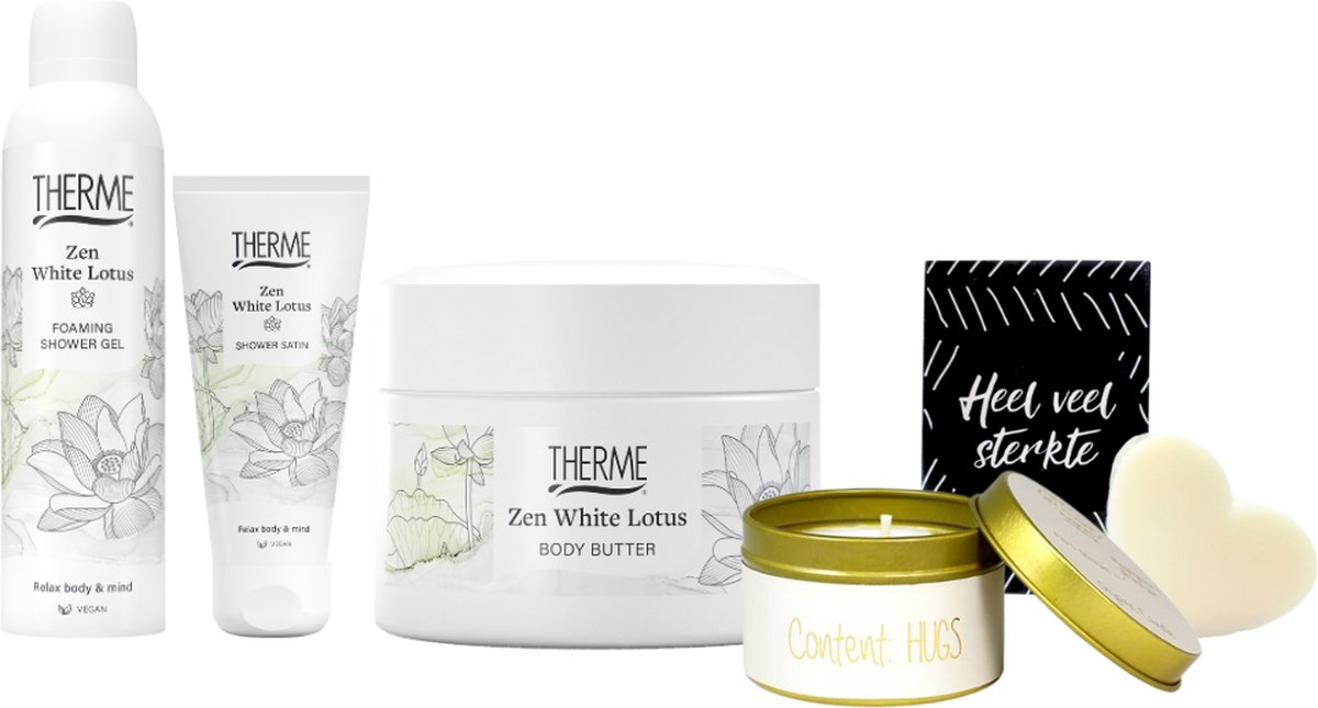 Goedkoopste Therme Cadeauset Zen White Lotus Douche & Body Sterkte - Therme Zen White Lotus Shower Foam - Therme Zen White Lotus Body Butter - Soap & Gifts Zeepje Heel Veel Sterkte