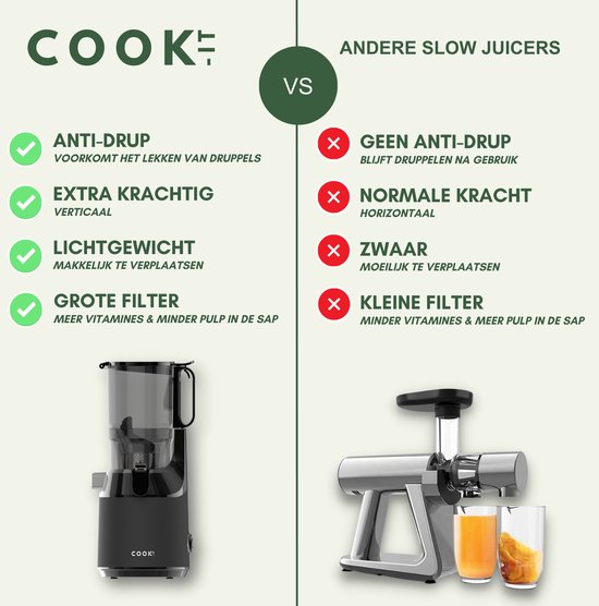 Comparaison d'une centrifugeuse lente noire avec des coches vertes et d'une centrifugeuse lente argentée avec des croix rouges. La centrifugeuse noire présente des caractéristiques telles que l'Anti-goutte et la puissance supplémentaire.