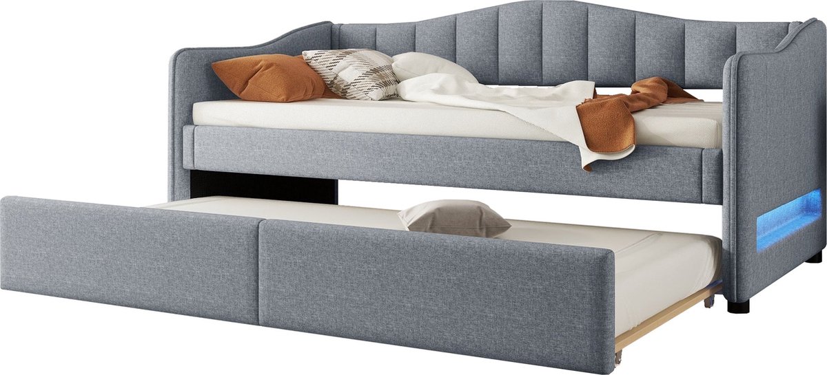 Merax Slaapbank 90x200 cm met Uitschuifbaar Logeerbed – Grijs – Inclusief LED Verlichting – Eenpersoonsbed met Logeerfunctie