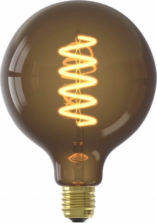 Gouden gloeilamp met spiraalvormig filament en E27 fitting.