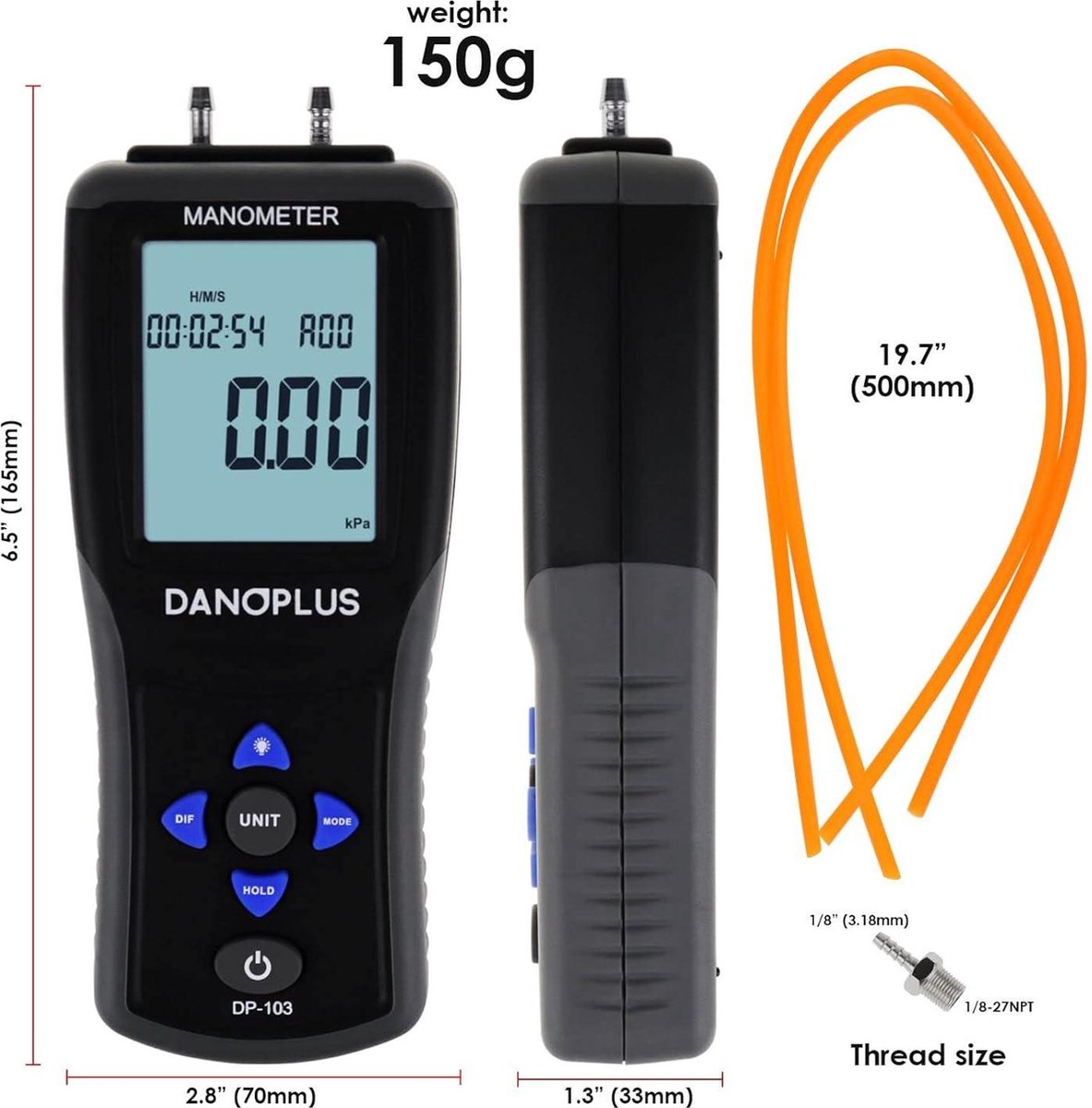 Manometer Data Logger Digitale Manometer Gasdruktester met ±200 inH2O meetbereik, drukverschilmeter 13 selecteerbare eenheden manometer HVAC met groot LCD-scherm