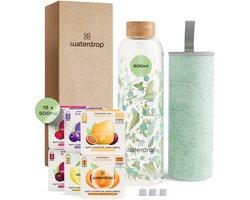 waterdrop® Starterset Glas - Clean Melange - Glazen Drinkfles 600ml + 18 Microdrink Bruistabletten – Herbruikbare Waterfles, Lekvrij, BPA-vrij, Ideaal voor Thuis, Werk, Sport, Reizen – Hydratatie Set, Cadeau Idee