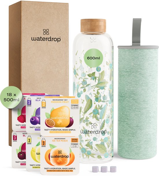 waterdrop® Starter Set Glas - 1 Gourde en Glas 600 ml + 18 Microdrinks - 6 saveurs - sans sucre