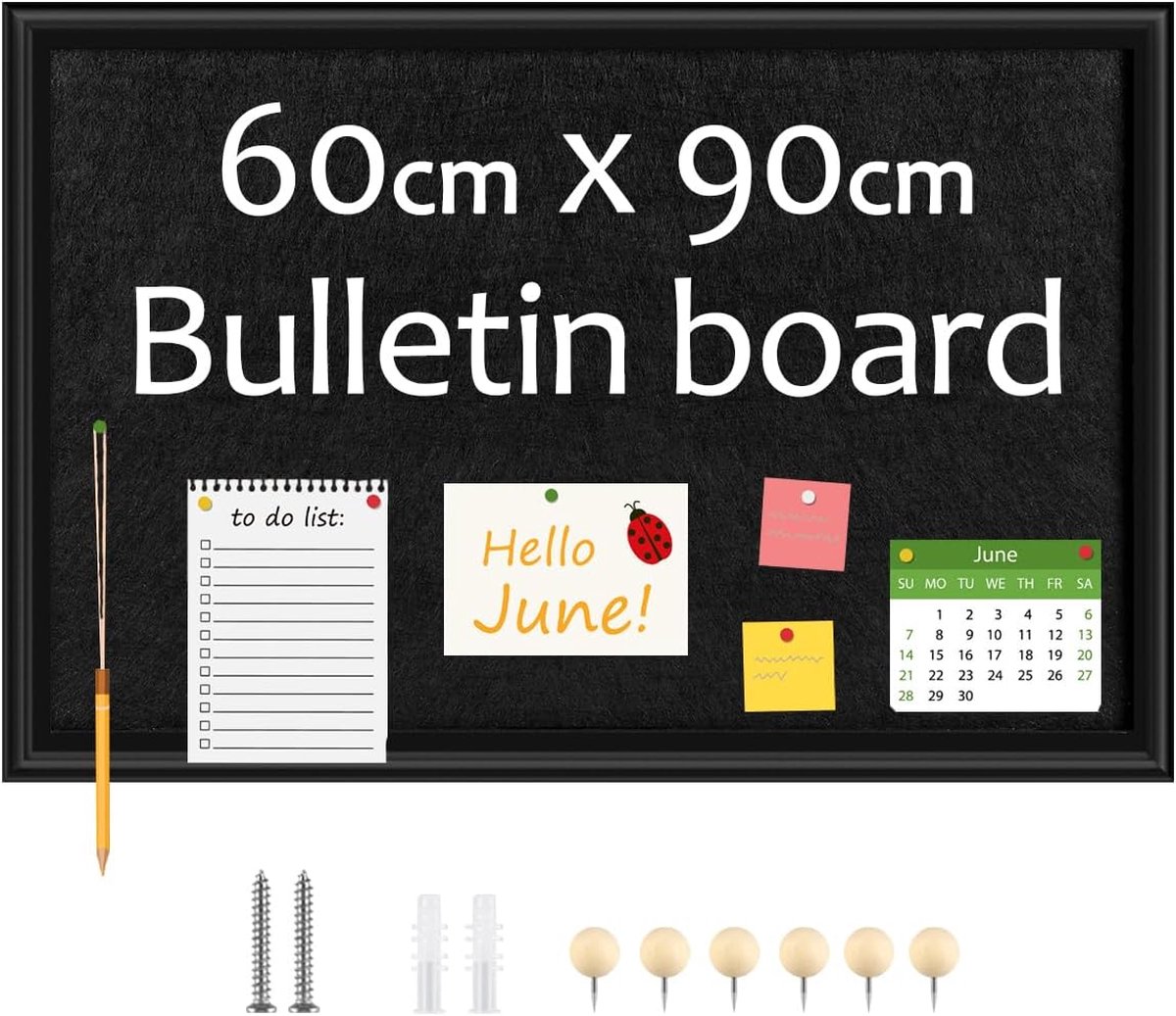 Luvetrex ® Stijlvolle Zwarte Vilt Prikbord 60x90 cm met Houten Frame voor Thuis en Kantoor