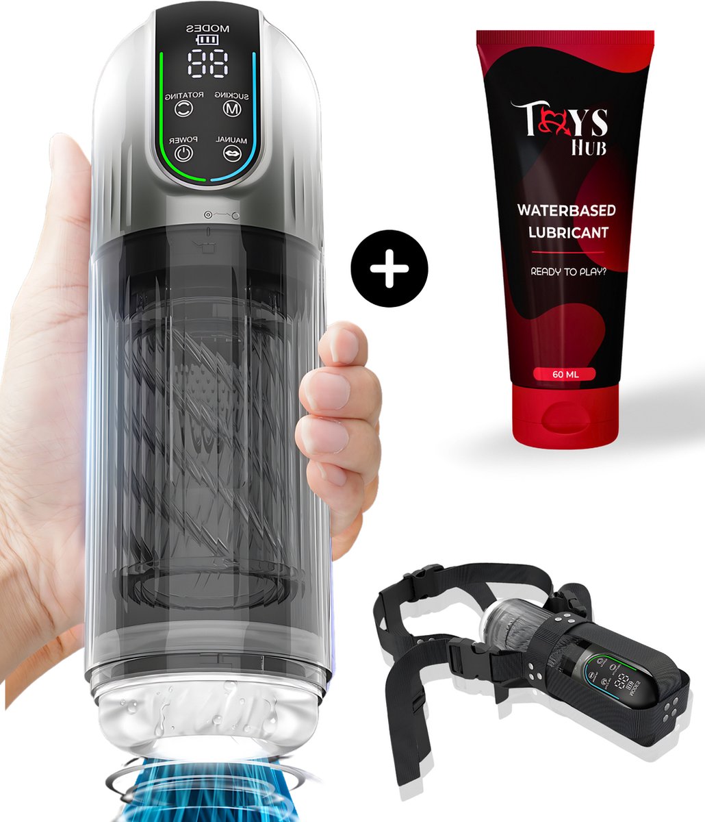Goedkoopste Toys Hub® Automatische Masturbator MAX met Strap & Glijmiddel - E-book – LED scherm – Water Massage - Pocket Pussy - Blowjob Simulator - Elektrisch - Sex Toys voor Mannen - Blauw