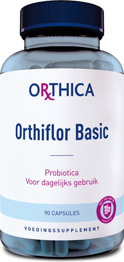 Orthiflor Basic probiotica in een blauwe pot met 90 capsules. "VOEDINGSSUPPLEMENT" staat op het etiket.