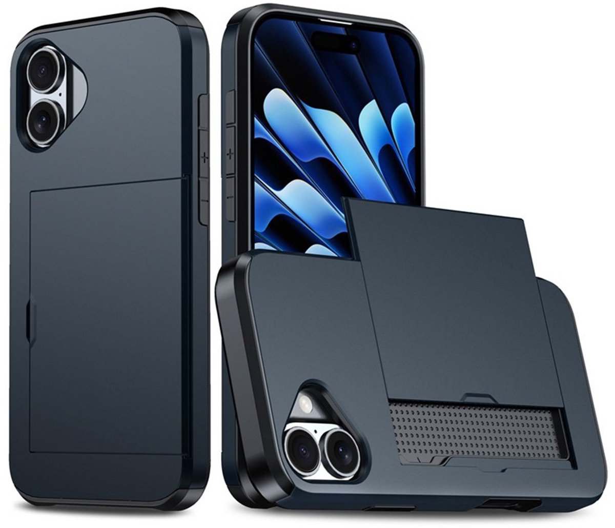 Hybrid Card Case Hoesje geschikt voor iPhone 16 - blauw- Pashouder - Kaarthouder - Pasjes - Kaarten - Duurzaam - Slank