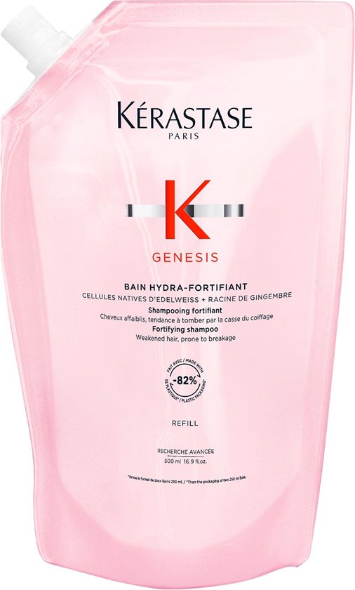 Kérastase Genesis Bain Hydra-Fortifiant versterkende shampoo navulling, roze, 500 ml, met 82% minder plastic.