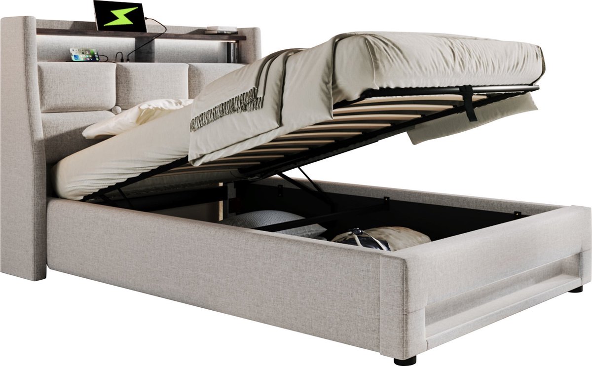 Merax Gestoffeerd Bed 90x200 cm met USB Oplaadstation en LED-Verlichting - Enkelbed met Lattenbodem en Houten Frame - Beige Linnen