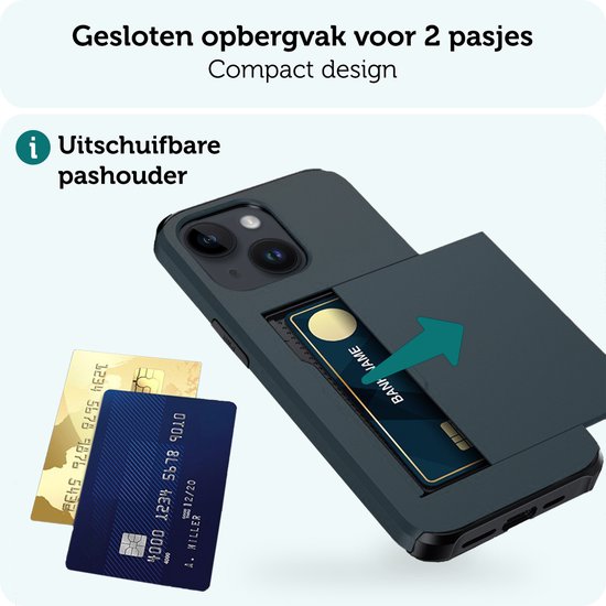 Hoesje Geschikt voor iPhone 15 Plus Pashouder Hard Case Hoes Met 2x Screenprotector - Hoes Geschikt voor iPhone 15 Plus Hoesje Back Cover Met Pasjeshouder - Donkerblauw