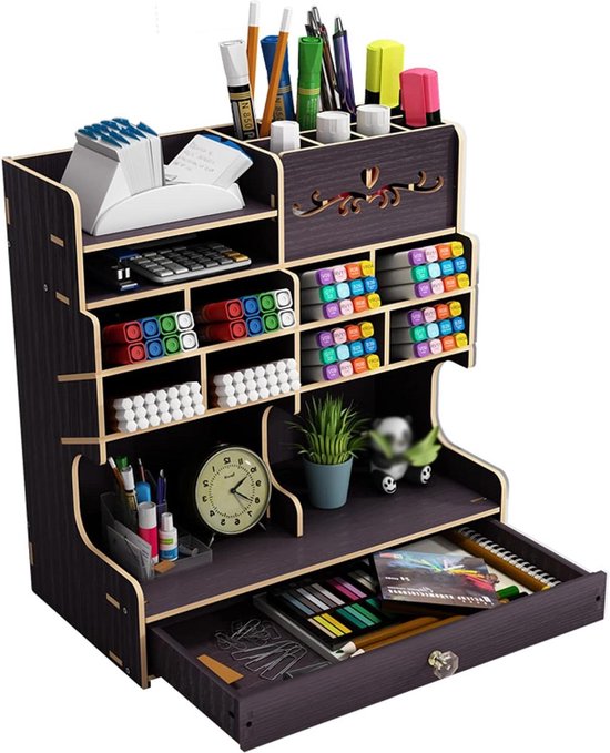 Catekro Bureau Organizer Hout, Opbergdoos Bureau, Opbergsysteem Bureau 39 X 29 X 28 cm(Bruin-Extra Dik