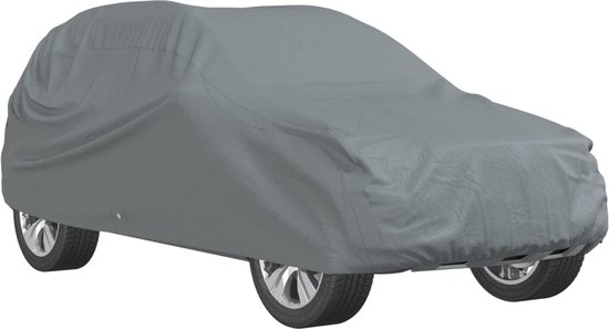 Grijze autohoes voor een XL SUV, gemaakt van non-woven stof.