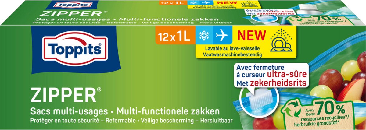 Toppits Zipper Multi-Functionele Zakken 1 liter - 12 x 12 stuks - Voordeelverpakking