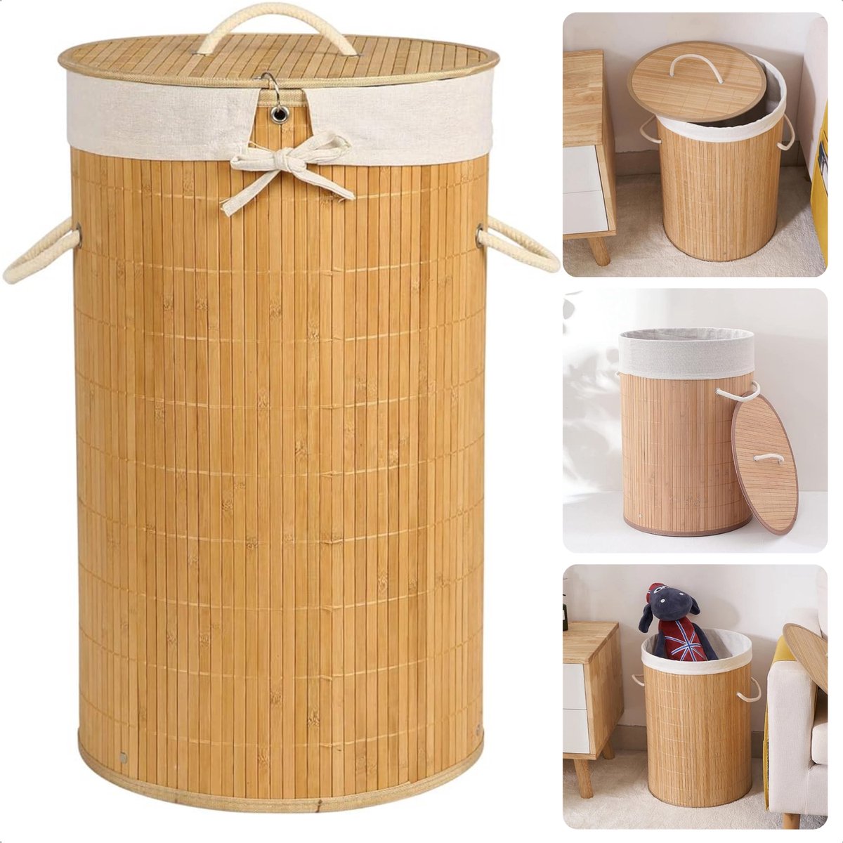 Goedkoopste Wasmand - Bamboe - Ronde Wasmand 48 Liter - Met Deksel en Draaghengsels - Inclusief EBOOK