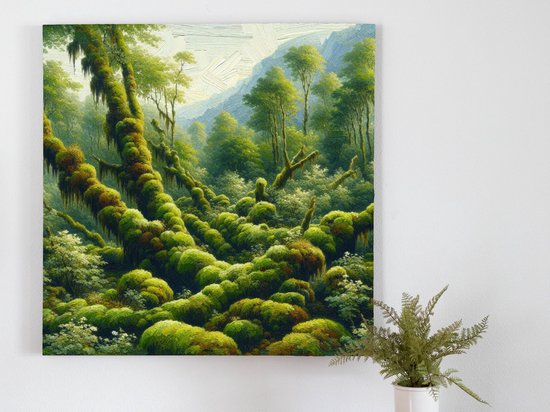 Olieverf mos schilderij | Mossy masterwork: verdant oil painting infused with natural beauty | Kunst - 20x20 centimeter op Canvas | Foto op Canvas