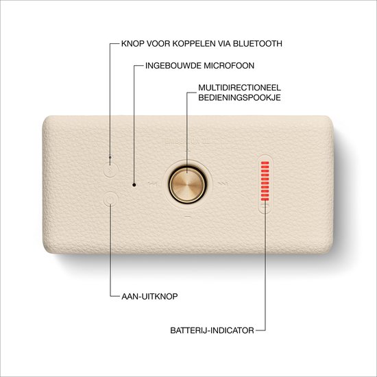 Crème Marshall speaker met bedieningsknoppen en batterij-indicator.