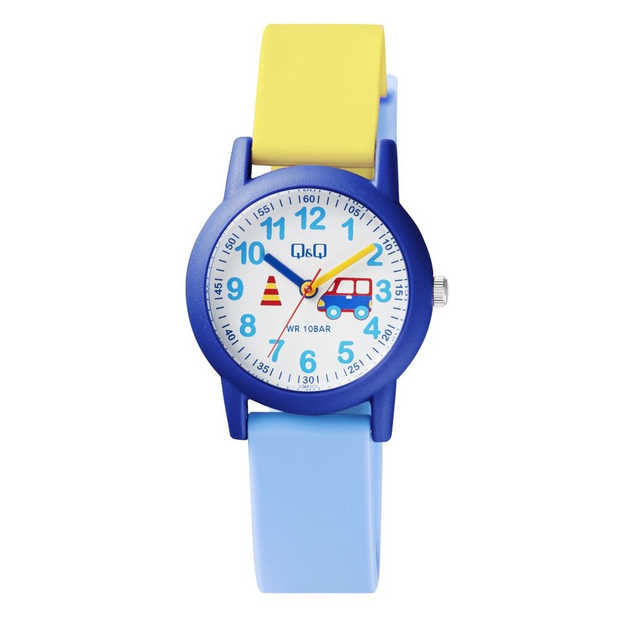 QQ VS49J010Y - Horloge - Analoog - Kinderen - Unisex - Plastic band - Rond - Cijfers - Kunststof - Sport - Lichtblauw - Geel - Blauw - Wit - 10 ATM