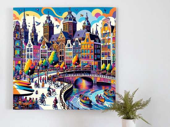Modern amsterdam schilderij | Urban Elegance: A Contemporary Interpretation of Amsterdam's Modern Culture | Kunst - 40x40 centimeter op Canvas | Foto op Canvas