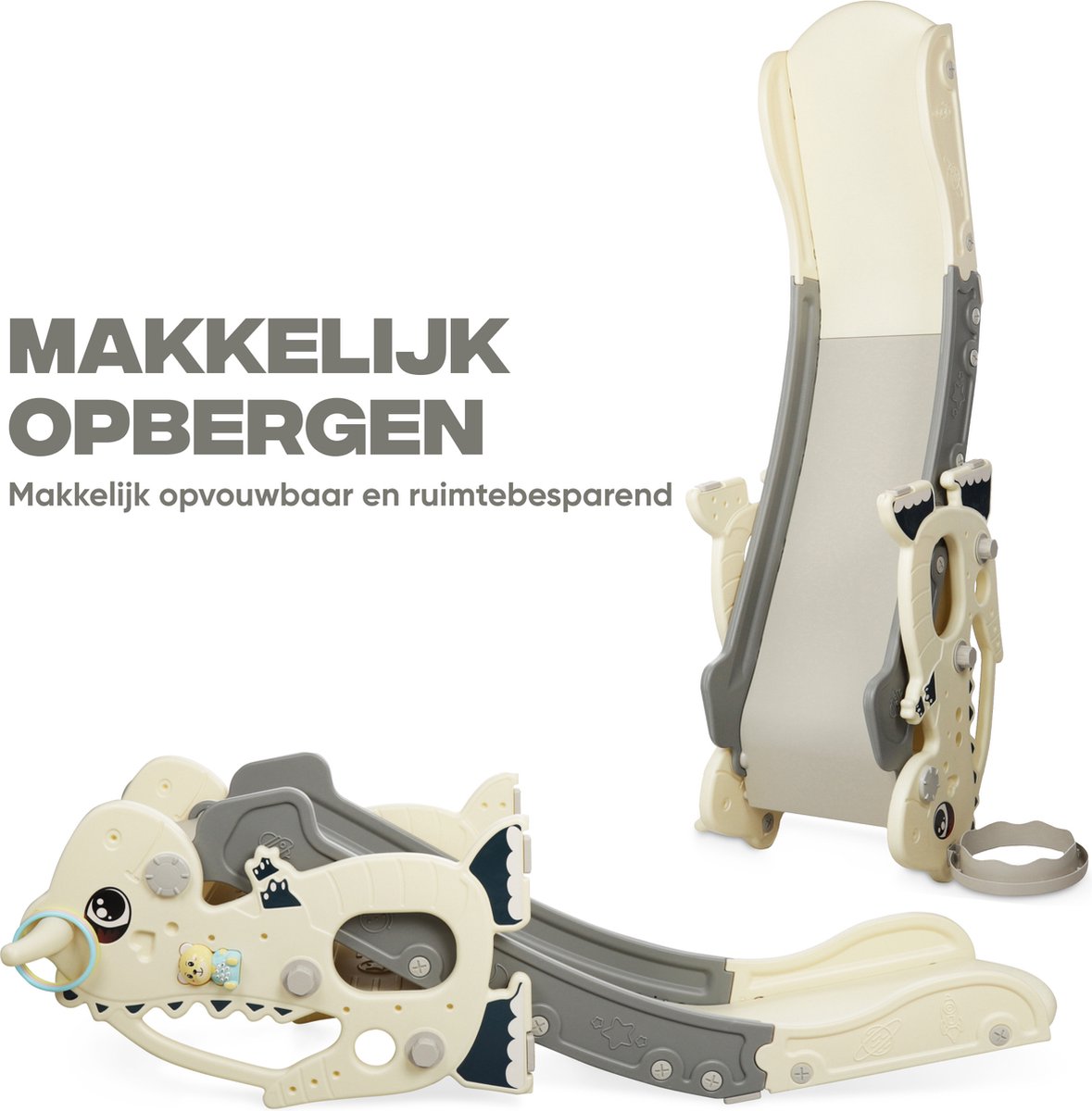 Rockerz Premium Glijbaan - Voor binnen en buiten - Speelplezier gegarandeerd - Opvouwbaar - Veilige dichte trap - Ringen spel - Basketbal ring (inclusief bal) - Muziek beertje - Kleur: Wit — afbeelding 9