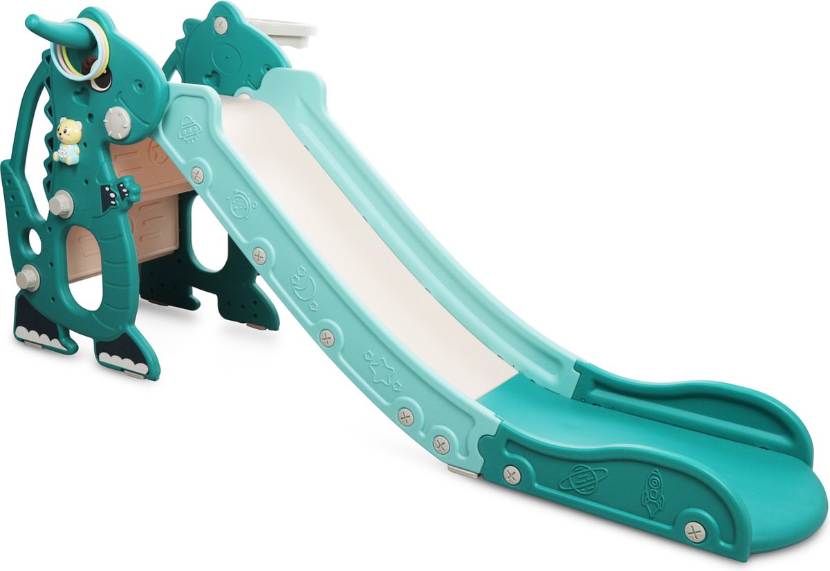 Rockerz Premium Glijbaan - Voor binnen en buiten - Speelplezier gegarandeerd - Opvouwbaar - Veilige dichte trap - Ringen spel - Basketbal ring (inclusief bal) - Muziek beertje - Kleur: Groen — afbeelding 13