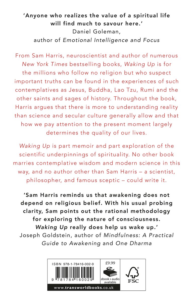 Dos du livre 'Waking Up' de Sam Harris. Avec citations et informations ISBN.