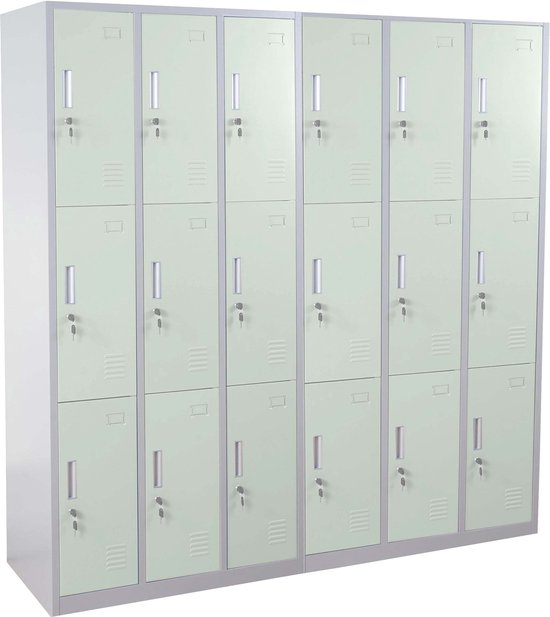 Groene metalen locker met 16 vakken, elk met sleutelgat en ventilatie.