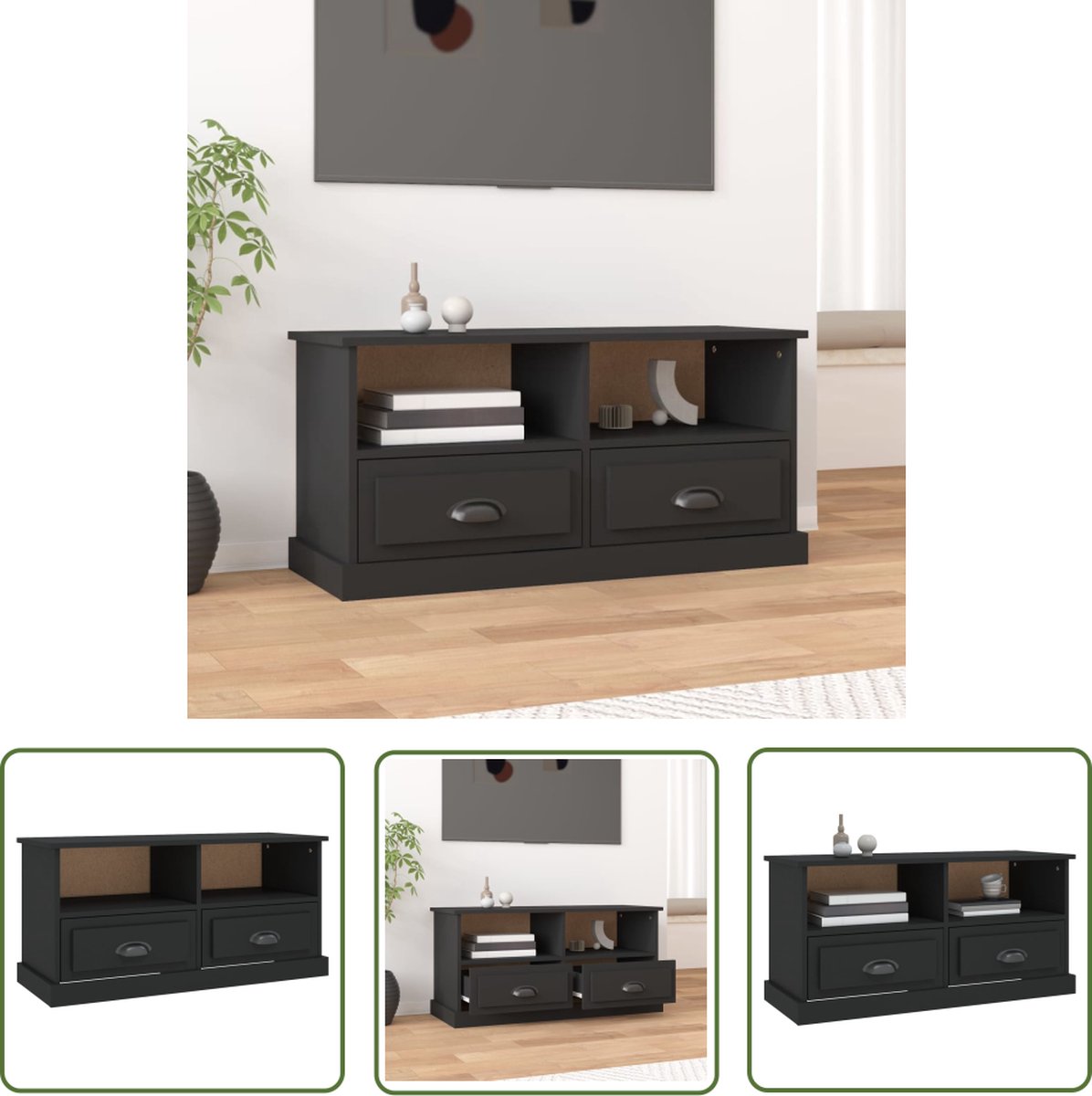 vidaXL Tv Meubilair - Tv Kast - Tv-meubel 93x35,5x45 cm bewerkt hout zwart - Houten Tv Kast - Zwart Tv Kast - Media Kast