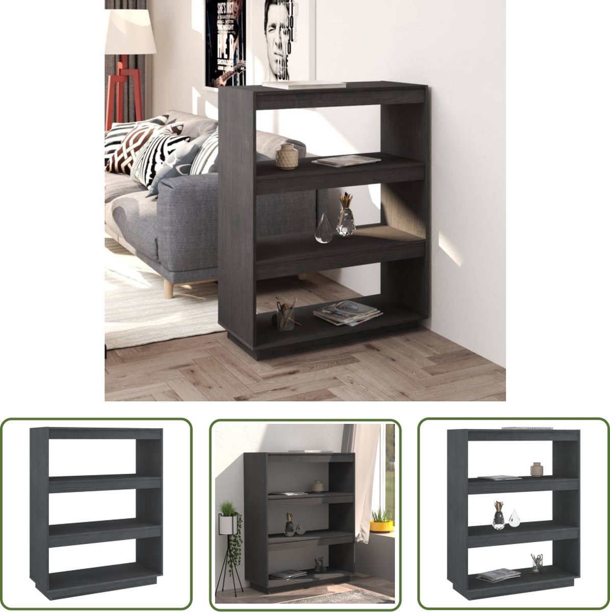 vidaXL Bibliotheek - Boekenkast - Boekenkast/kamerscherm 80x35x103 cm massief grenenhout grijs - Houtmeubel - Grenoblehouten Boekenkast - Grijze Boekenkast