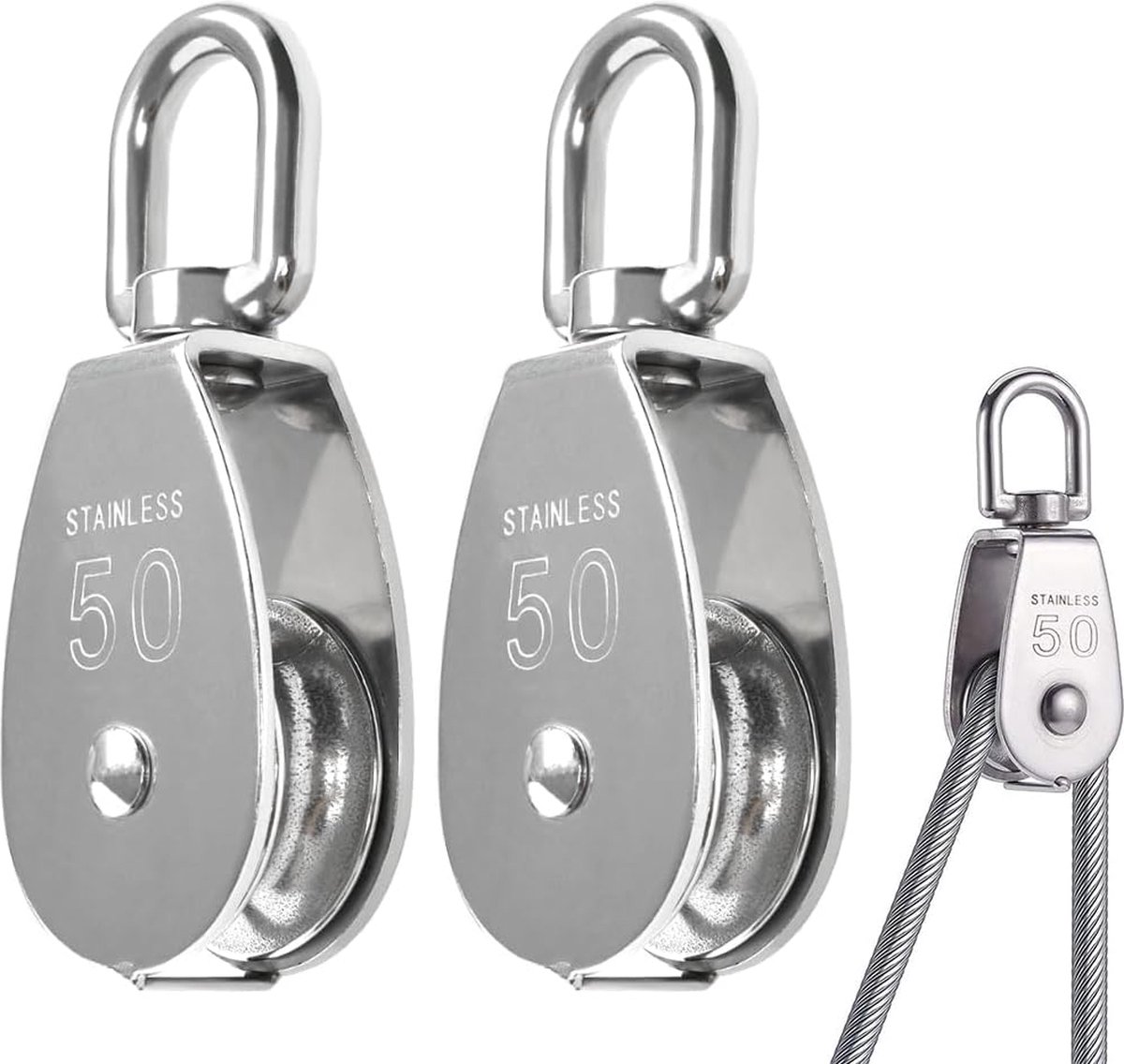 2 STKS Heavy Duty Enkele Katrol M50 Roestvrij Staal Katrol 360 Graden Draaibare Katrol Blok Kabel Pully Blok Katrol Roller Heavy Duty voor Touwen Bear-Lading tot 400KG