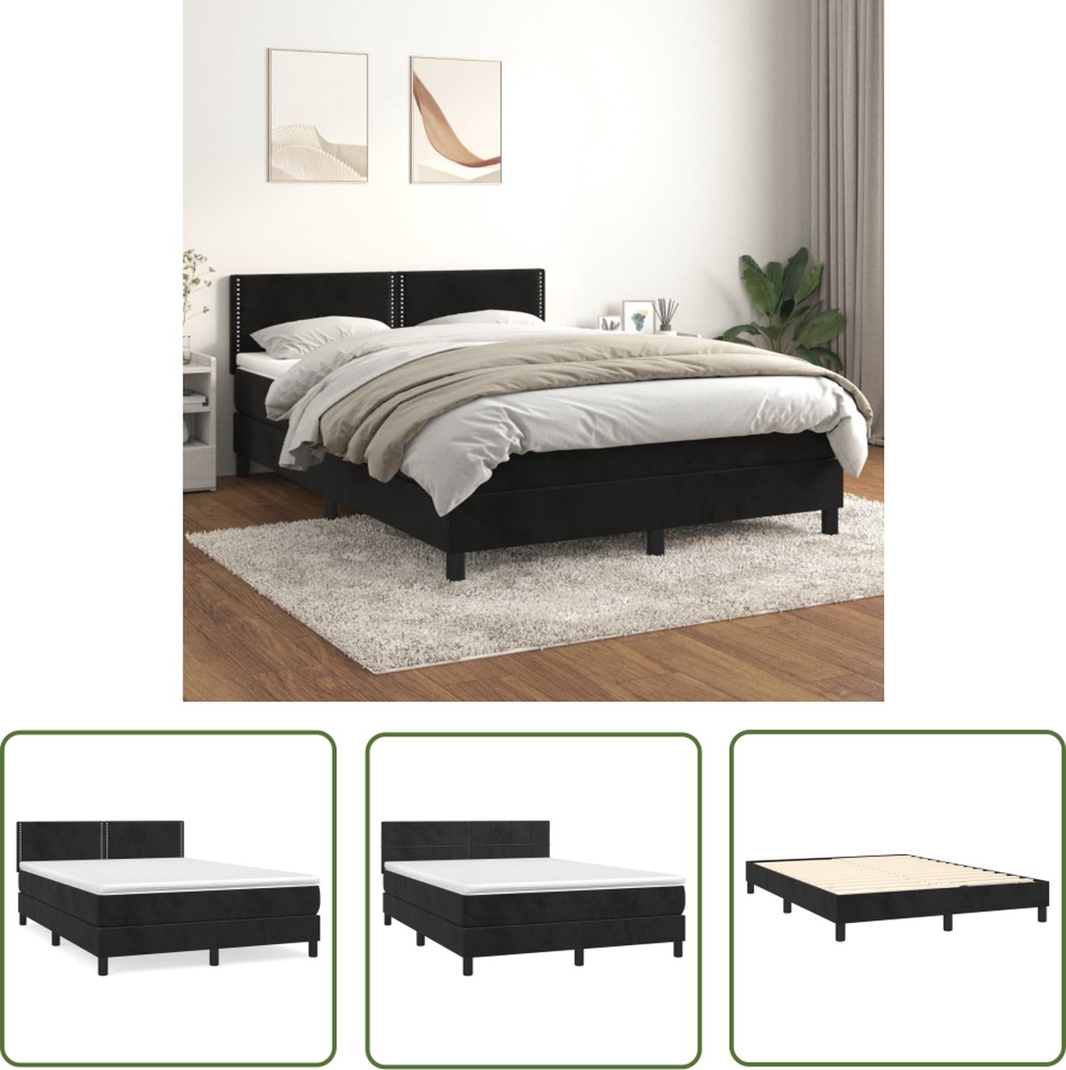 vidaXL - Boxspring - met - matras - fluweel - zwart - 140x200 - cm