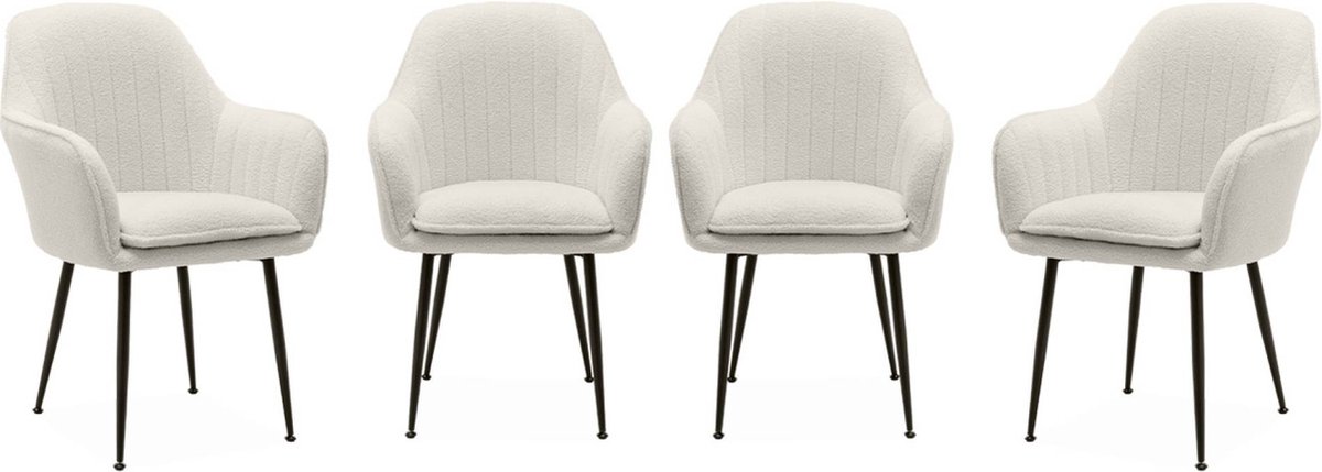 sweeek Set van 4 stoelen in bouclé met matzwarte metalen poten, shella, b 57 x d 59 x h 84,5 Wit bouclé