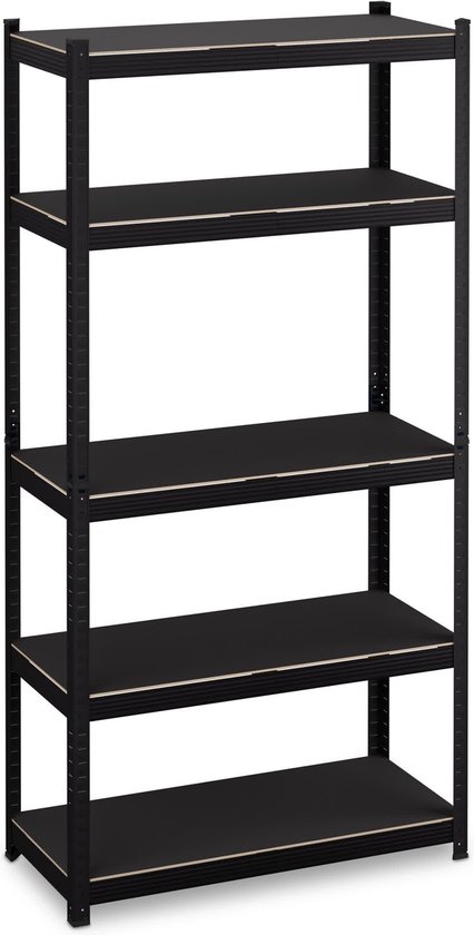 Zwarte stellingkast met 5 open planken.