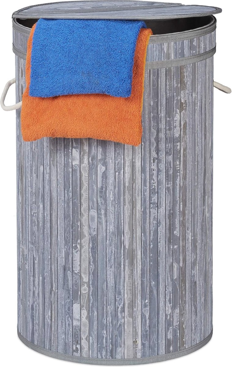 Goedkoopste Ronde wasmand met deksel, vouwbaar, 65L, grijs, Ø 40 cm