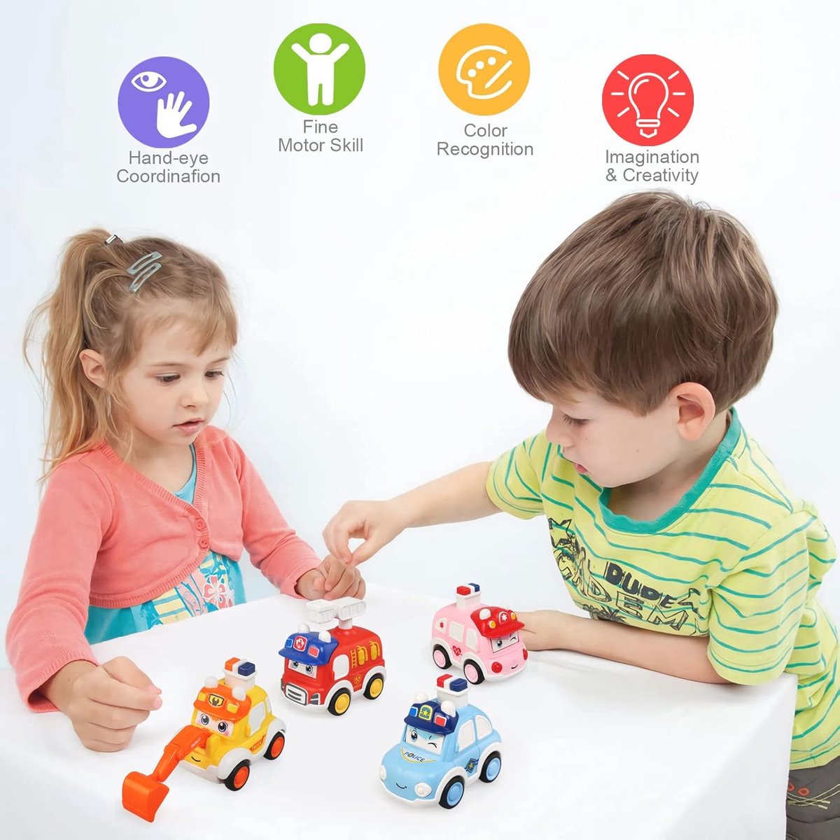 MOONTOY 4 Stuks Groente Duwautootjes – Press-and-go Zonder Batterijen, Perfect Voor Peuters Van 1-3 Jaar