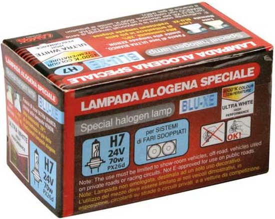 Verpakking van een H7 24V 70W BLU-XE speciale halogeenlamp met 4500K kleurenschema.