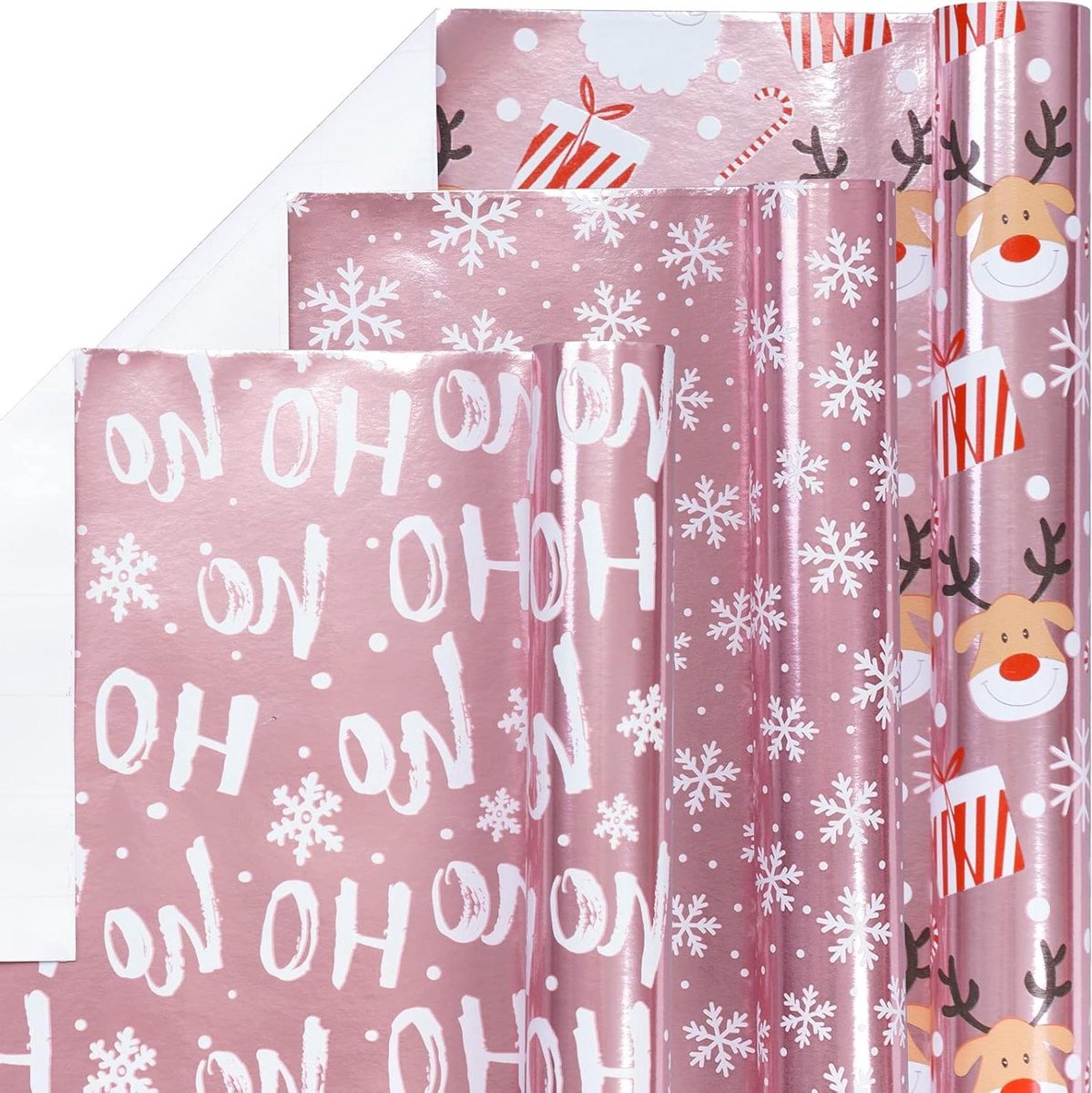 Inpakpapier Rol Roze Metallic Folie Glans Papier - Sneeuwvlokken-Kerstman "HO" Print - 43 x 305 cm - 3 Rollen