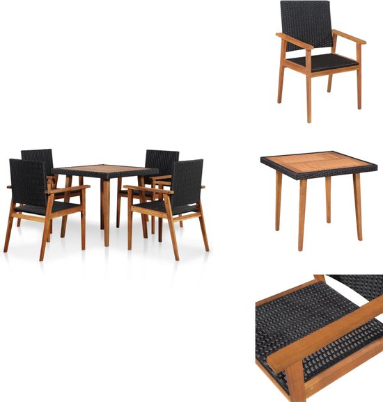 vidaXL Ensemble de jardin Vintage en polyrotin - 80x80x74 cm - Zwart/ Marron - Rotin PE - Bois d'acacia - Ensemble de jardin
