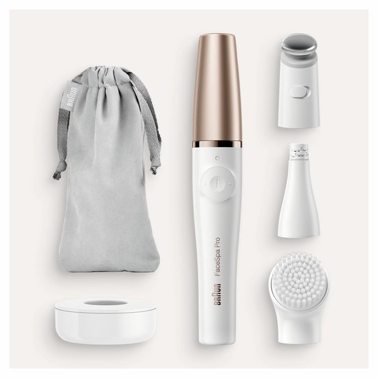 Braun FaceSpa Pro, opzetborstel, opzetstuk, houder en toilettas.
