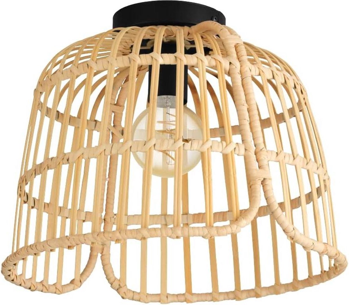 Natuurlijke Plafondlamp in Boho Stijl van Rotan en Zwart Metaal - Woonkamerlamp E27 fitting