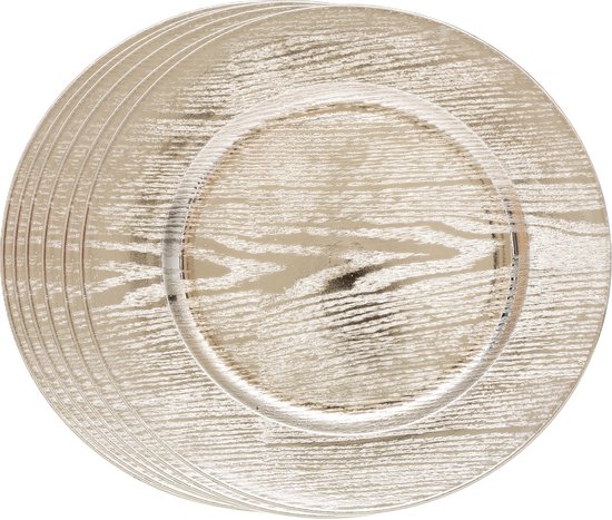 Feeric Assiettes de présentation pour dîner/dîner de Noël - 8x pcs - aspect bois - or - plastique - D33 - ronde