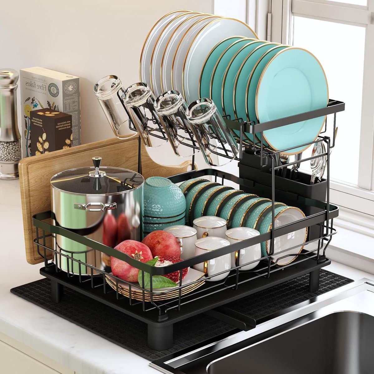 2-Tier Dish Drainer with Drain Tray and Mat Stainless Steel Utensil Holder Swivel Spout Dish Rack for Countertop Black pasta droogrek