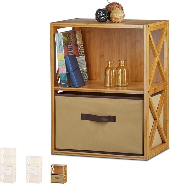 1x rek bamboe, met mand, 4 vakken, HxBxD: 105 x 42 x 29 cm, badkamerrek, opbergrek keuken, natuurlijk bruin