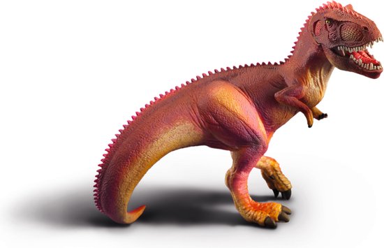 Rode en oranje speelgoed Tyrannosaurus Rex dinosaurus.