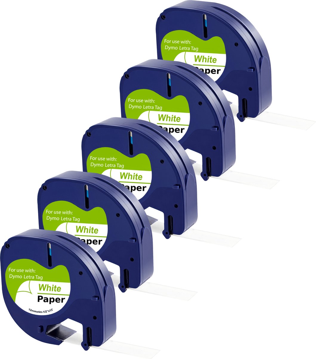 Dymo compatibele voor LetraTag - Papieren label 91200 12 mm x 4 m - Set van 5 witte linten