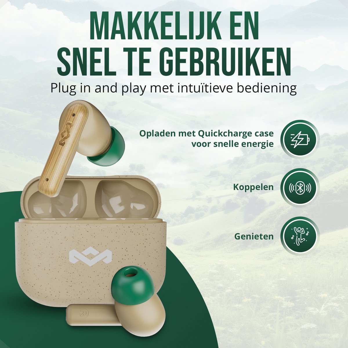 House of Marley Little Bird Oortjes Draadloos - 24 uur Batterijduur - Draadloze Oordopjes - Bluetooth - Eco Friendly Design - Quickcharge - Touchbediening - Cream – foto 3